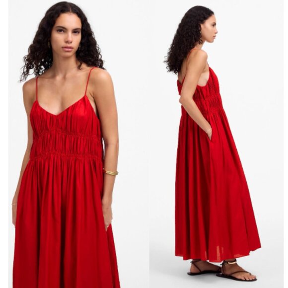Madewell Linen-Blend Textured V-Neck Midi Dress NWT in Festival Red Large - Picture 2 of 13